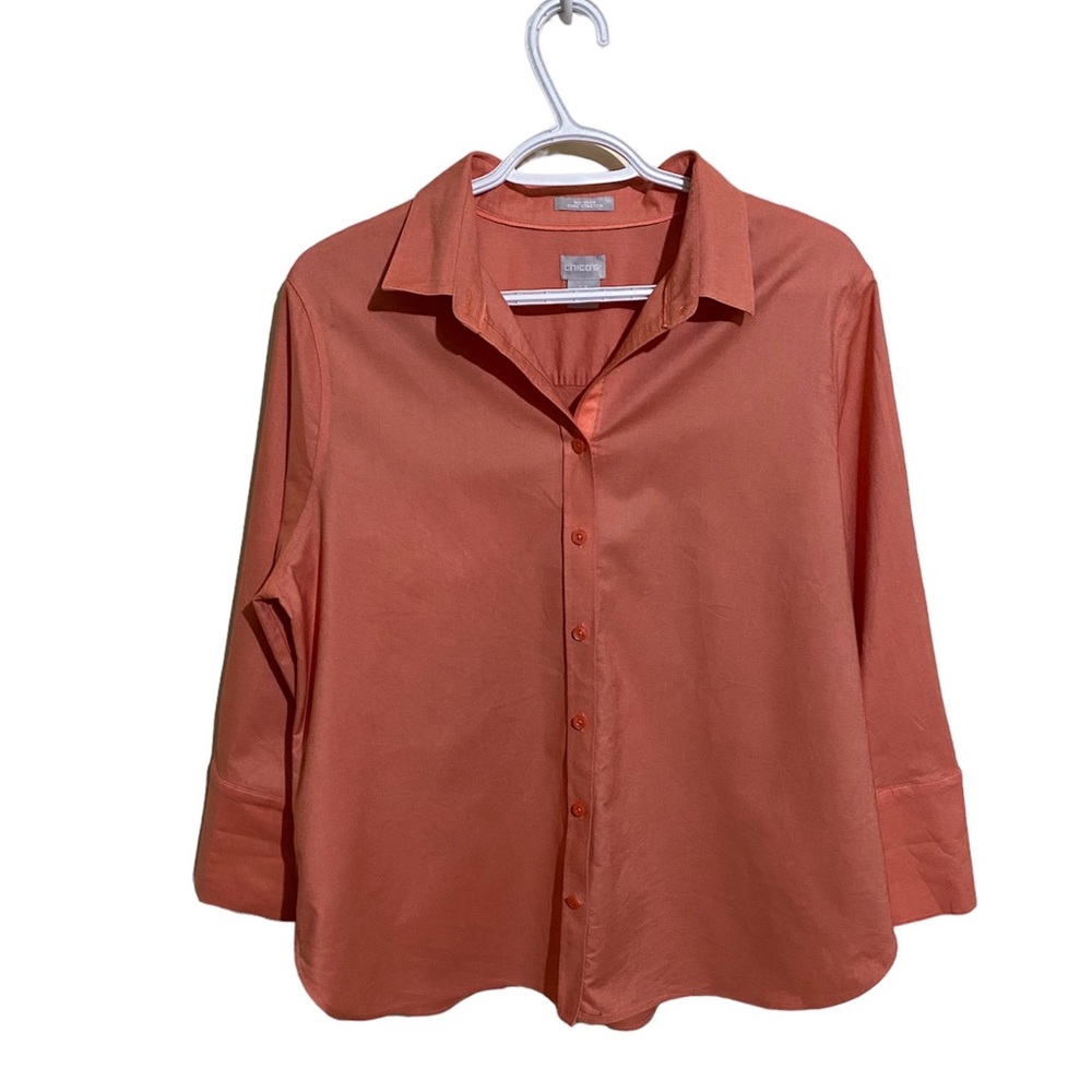 Chico's Women No-Iron Chic Stretch Shirt Button Up 3/4 Sleeve Size 14